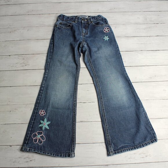 Vintage Old Navy Denim Blue Jeans Girl's Size 7 Embroidered Floral Flare - Picture 1 of 6